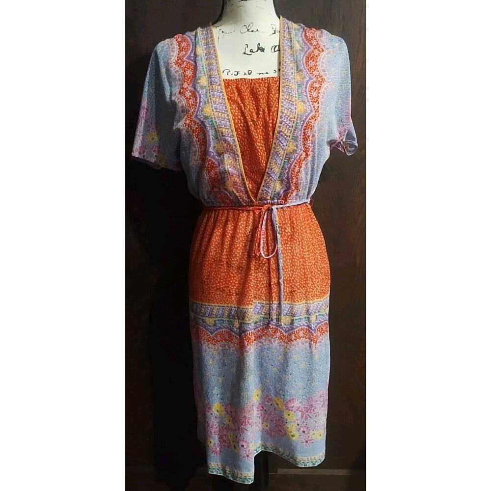 J.J. Dean California Dress Sz Small Red 70s Belted Colorful boho petal sleeve